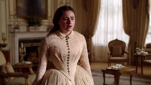 Fashion's Folly. Woman in 19th-Century Dress Struggling with Tight Corset