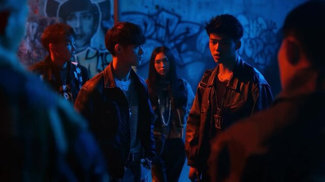 Young Asian Criminal Gang in Underground Setting, Urban Baby Gang