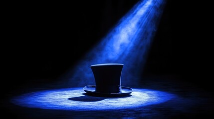 A classic black top hat illuminated by a blue spotlight, evoking a sense of magic, mystery, and theatrical elegance.