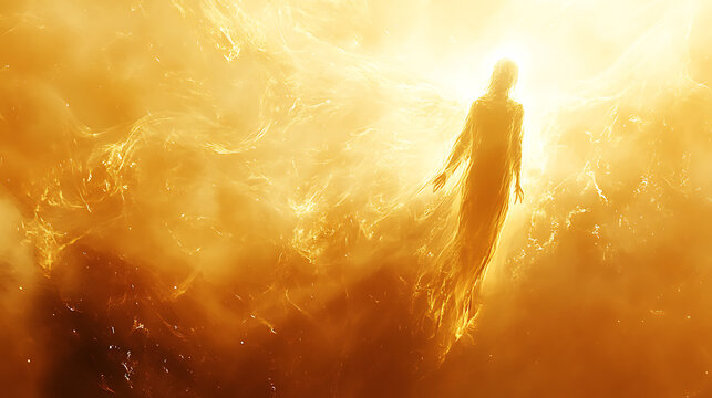 A glowing angel descending gracefully within a single beam of divine light, ethereal and tranquil, soft golden huesDigital Watercolor painting