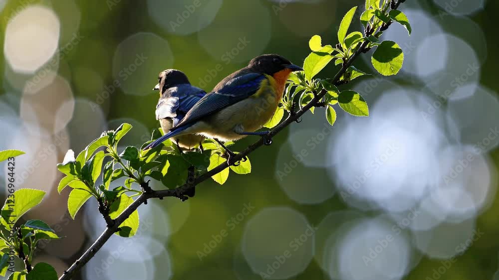 Poster two small birds perched on a leafy branch, illuminated by warm sunlight with a soft bokeh background