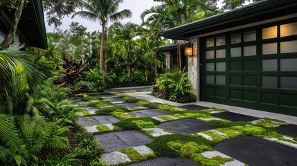 Fototapeta premium A serene driveway in Miami designed with natural stone and moss green pavers