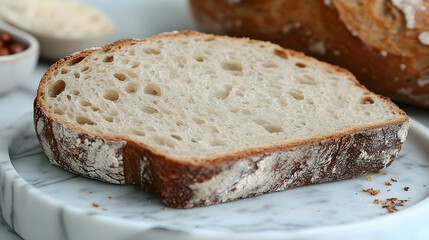 Crusty sourdough bread slice on marble, kitchen background, food photography, recipe website