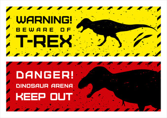 A vector illustration of warning signs about T.rex dinosaurs in a retro style. Yellow and red banners features the warning text 