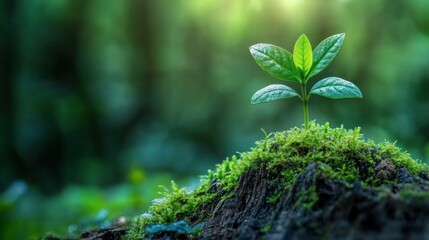 Young sprout emerging from mossy forest floor