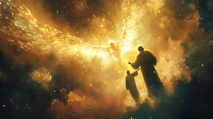 A glowing angel surrounded by celestial light guiding Saint Joseph, pointing toward Mary in the background, divine and tranquil atmosphere