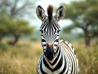 Naklejka premium Close-up of a zebra with striking black and white stripes in a natural habitat with copy space