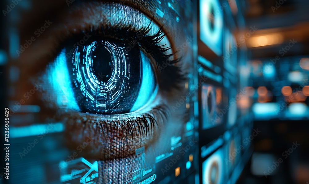 Poster close-up of eye overlaid with futuristic digital data streams and interfaces.