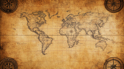 Vintage world map with detailed coastlines and compass elements, symbolizing exploration, navigation, and cartography, with a rich aged texture.