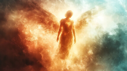 A glowing vision of the angel appearing through a beam of divine light.,Digital Watercolor painting