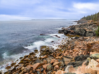 Rugged rocky Atlantic Ocean coast on the Park Loop Road on Mount Desert Island in Acadia National Park in Maine USA