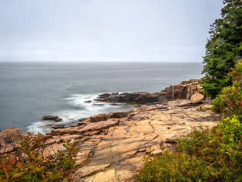 Rugged rocky Atlantic Ocean coast on the Park Loop Road on Mount Desert Island in Acadia National Park in Maine USA
