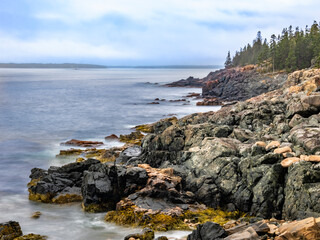 Rugged rocky Atlantic Ocean coast on the Park Loop Road on Mount Desert Island in Acadia National Park in Maine USA