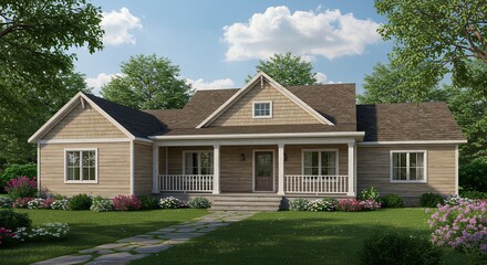Charming Ranch House Plan with Front Porch and Landscaping