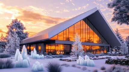 A sleek modern dwelling with an angular roof and large amber-tinted windows