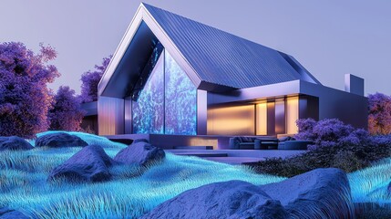 A sleek modernist mansion with a metallic silver and graphite gabled roof