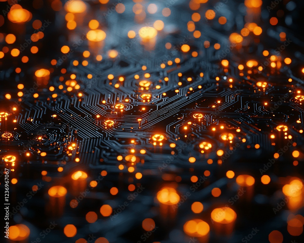 Poster glowing circuit board with orange nodes.