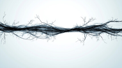 Fototapeta premium Abstract Roots: Intricate network of dark, slender roots, resembling veins or nerves, flowing horizontally across a light gray background. The image evokes feelings of interconnectedness, growth.