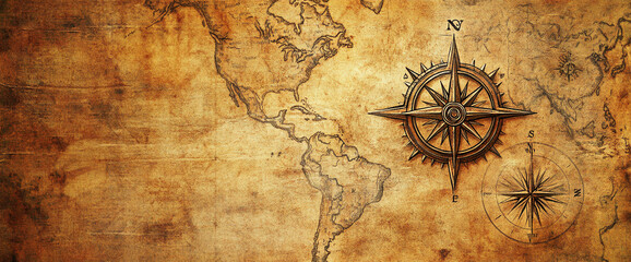 Vintage-style world map with compass, featuring a weathered and aged look, symbolizing exploration, history, and navigation across continents.