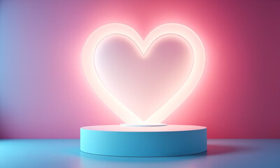 Empty pink and blue podium on flat abstract pink background with heart shape and copy space. Platform for product placement or montage, promotion, mock up. Wedding, Mother's Day or Valentine's Day.