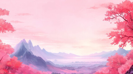 Pink Dreamland: Serene landscape painting of a misty valley, framed by vibrant pink cherry blossom trees, mountains in the background, a soft pink sky at sunset.  Evokes peace, tranquility and beauty.
