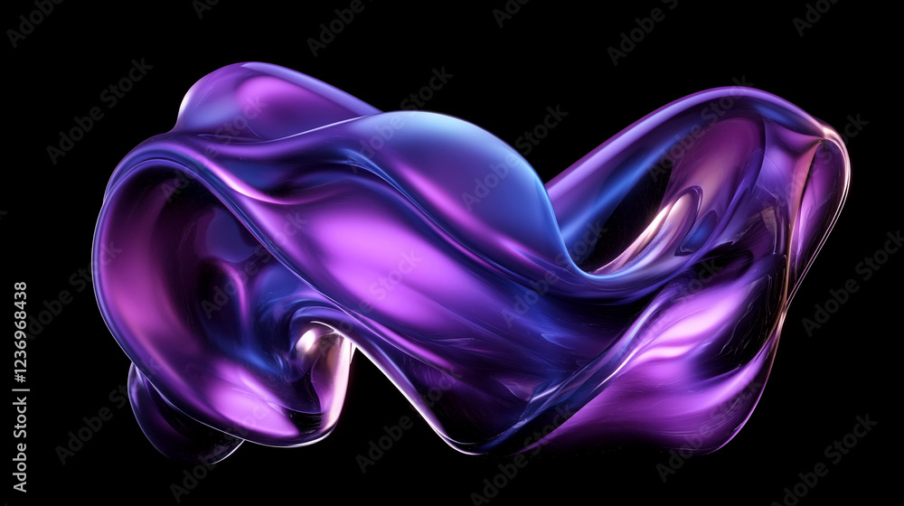 Poster a fluid 3d shape with a purple and basil gradient, flowing with smooth, glowing, organic curves on a