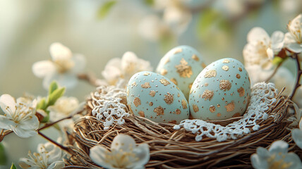 Fototapeta premium A bird in a nest with pastel Easter eggs decorated in vintage gold and lace.