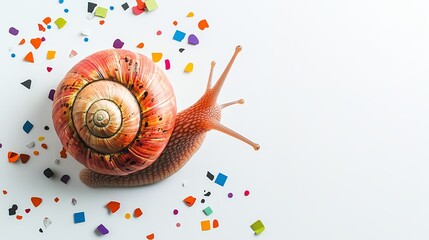 Vibrant Snail Shell Amidst Colorful Confetti: A Joyful Artistic Still Life