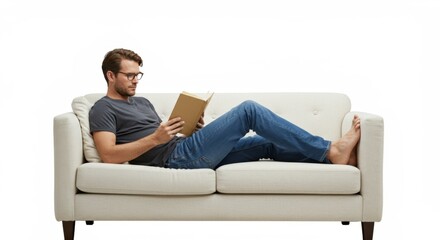 Man Relaxing on Sofa While Reading a Book
