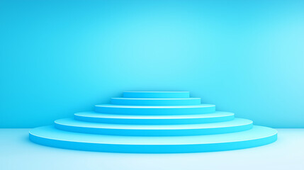 Fototapeta premium Blue Minimalist Podium: A simple yet elegant circular podium with 5 steps, a blue minimalist backdrop for product display. 