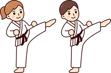 Cute cartoon kids in martial arts uniform (gi) doing high kick. Boy and girl karate students. Simple drawing, vector clip art illustration. © sudowoodo