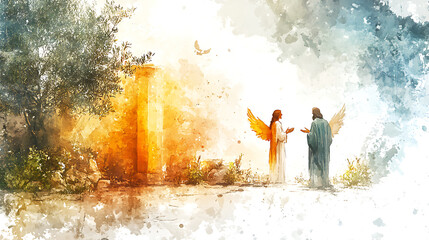 A peaceful depiction of an angel glowing with divine light, speaking to Saint Joseph in a simple, rustic setting, sacred and tranquil composition