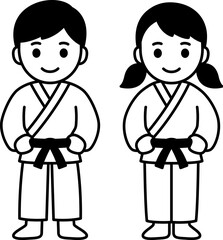 Cute cartoon kids in martial arts uniform (gi). Boy and girl karate, aikido, judo students. Simple black and white drawing, vector clip art illustration.