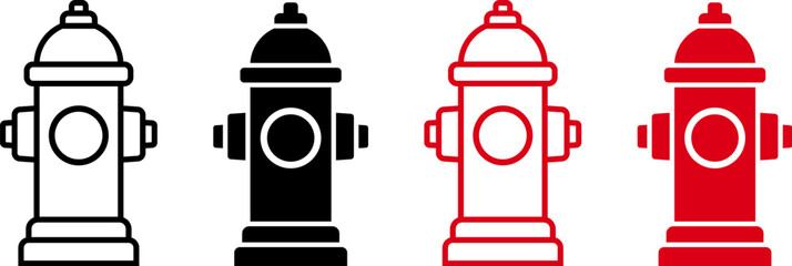 Fire hydrant simple icon style variants. Line icon and solid silhouette, black and red. Emergency water access sign for firefighters.