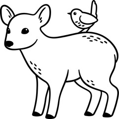 Pudu deer and Chucao bird, wildlife symbols of Chile. Black and white line art drawing. Cute cartoon vector illustration.