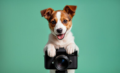 Smiling Jack Russell with a camera. AI generated.