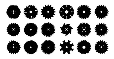 Circular saw blade. Silhouette of metal disc for woodwork. Round carpentry tool icons. Industrial rotary wheels.Vector