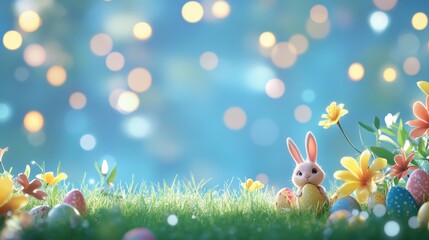 Fototapeta premium Easter background with grass, flowers, and colorful eggs on the right side, a little bunny sitting in the middle of the picture, blue sky with bokeh lights in the background.
