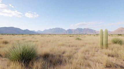 Desert landscape, mountains, cactus, grasses, arid climate, travel poster