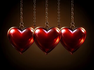 Three glossy red hearts hang from golden chains against a dark, dramatic background, symbolizing love, connection, and romance.