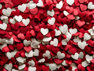 A dense, textured background of red and white paper hearts, perfect for Valentine's Day cards, designs, or romantic projects.
