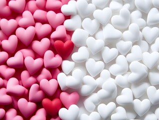 Close-up, top-down view of pink, white, and a few red candy hearts, perfect for Valentine's Day or any sweet occasion.