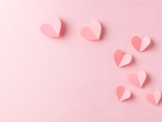 Minimalist composition of light pink paper hearts on a matching pink background, creating a delicate and modern Valentine's Day image with ample copy space.