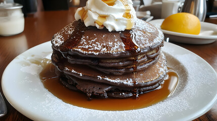 Chocolate pancakes stacked high and topped with syrup and whipped cream for a decadent breakfast.