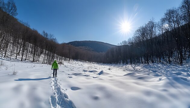 Lone hiker traversing a snow covered mountain valley