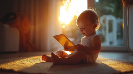 Caucasian baby engaged with tablet in sunlit room