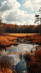 Fototapeta premium Autumnal marsh landscape; tranquil autumn scene, perfect for nature documentaries or travel brochures.