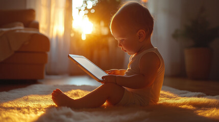 Caucasian baby engaged with tablet in sunlit room