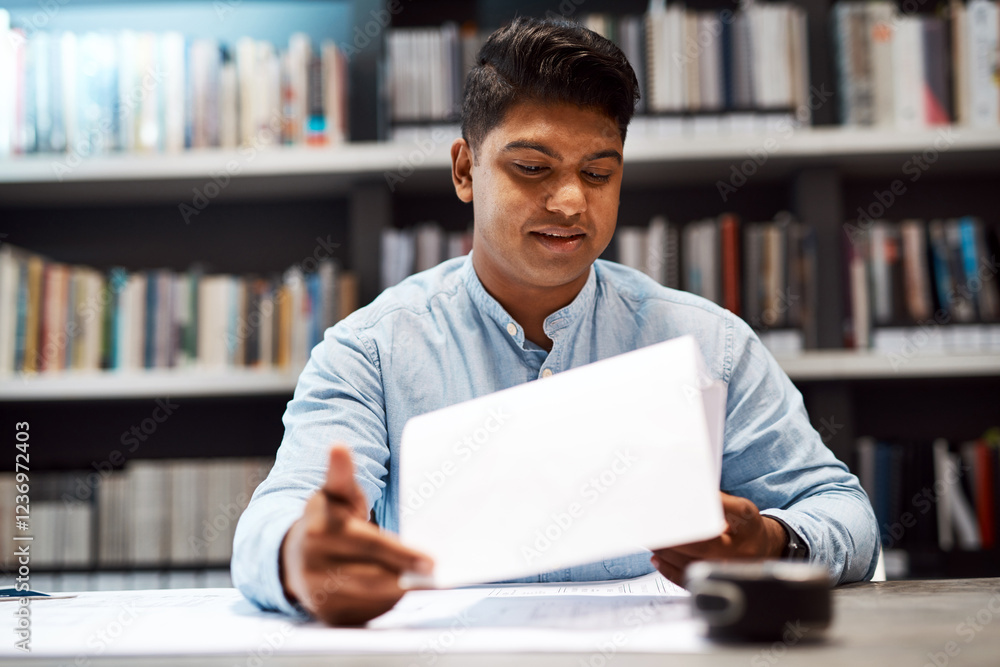 Poster Man, architect and reading document in office for architecture design, floor plan and project report. Male person, blueprint and paperwork for real estate, property sketch and renovation for proposal