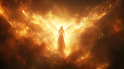 A radiant angel appearing through a beam of divine light, surrounded by warm celestial glow, serene and sacred atmosphereDigital Watercolor painting